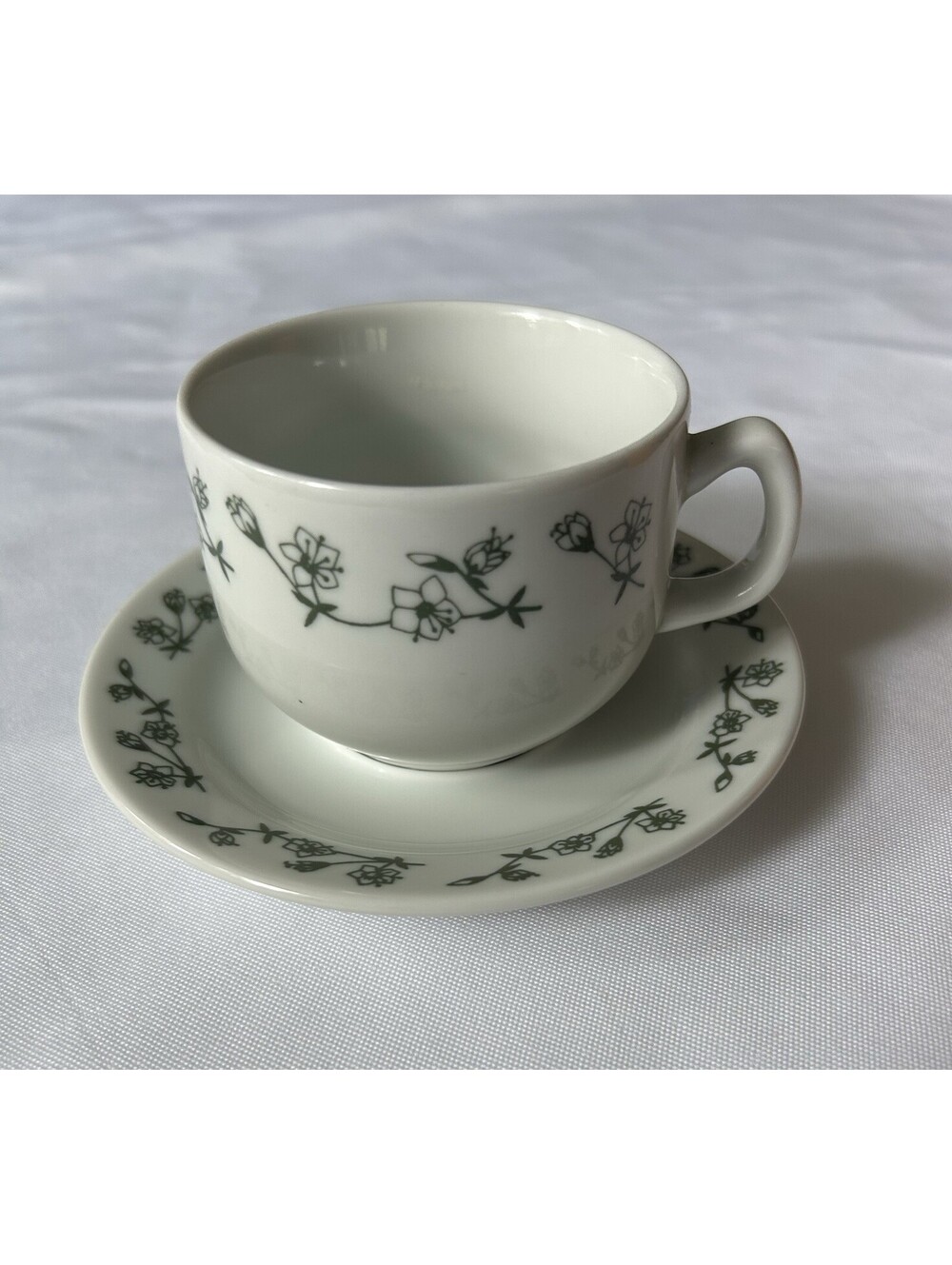 Vintage Porsgrund 1979 Teacup And Saucer With Green Vine And Bud Pattern